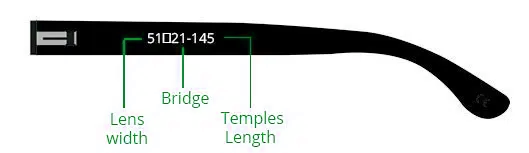 A frame temple stamped 51 square 21 - 145: lens width, bridge width, temple length in mm
